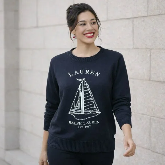 Lauren Ralph Lauren Cotton Knit Sweater Embroidered Sailboat Design Womens Large - Picture 10 of 10